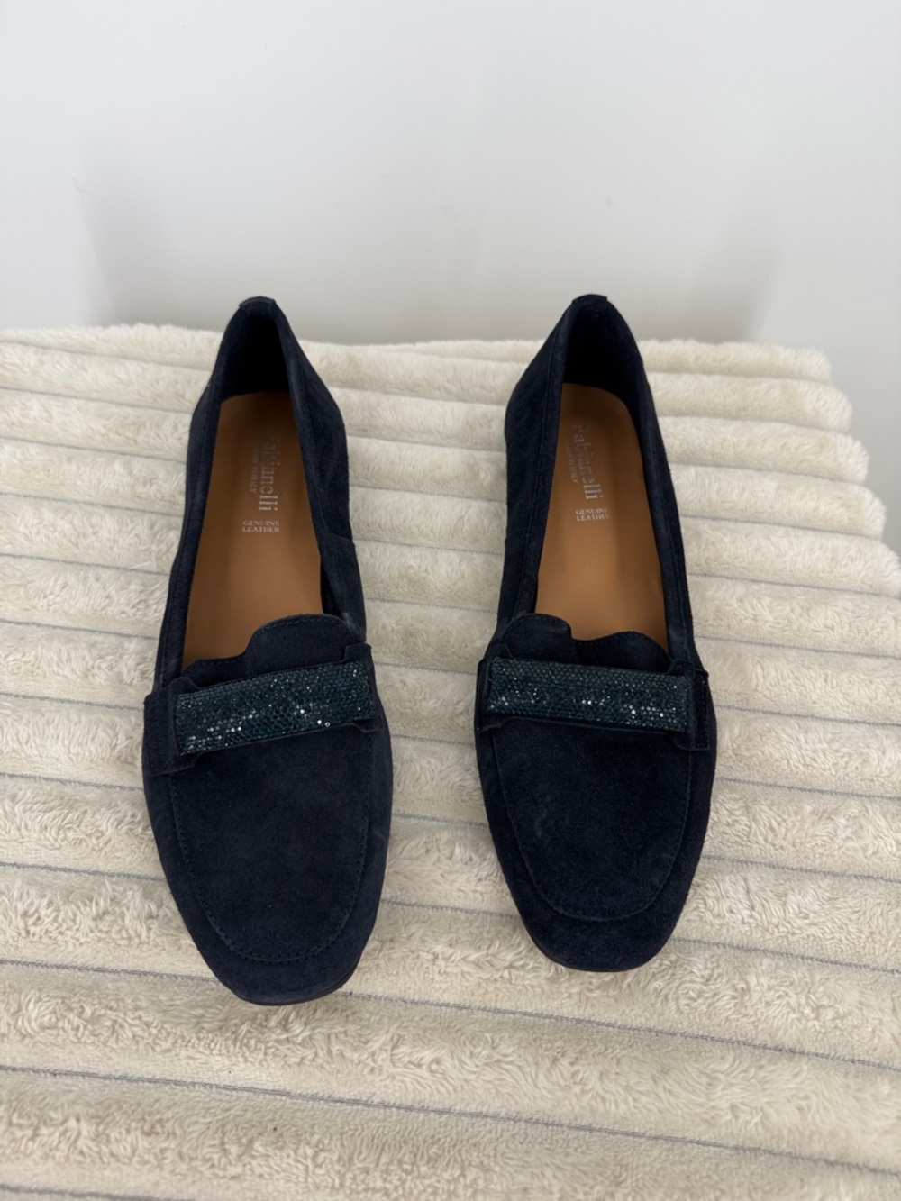 Fabianelli leather Blue Suede Loafers with Sparkle Strap - Women Shoes size 40/9